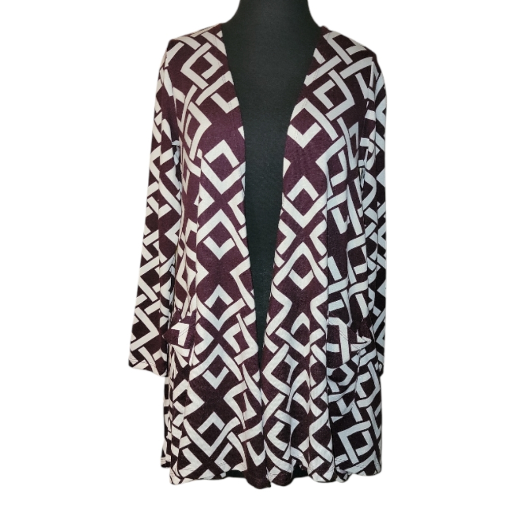 Lularoe Caroline burgundy white geometric printed cardigan size small